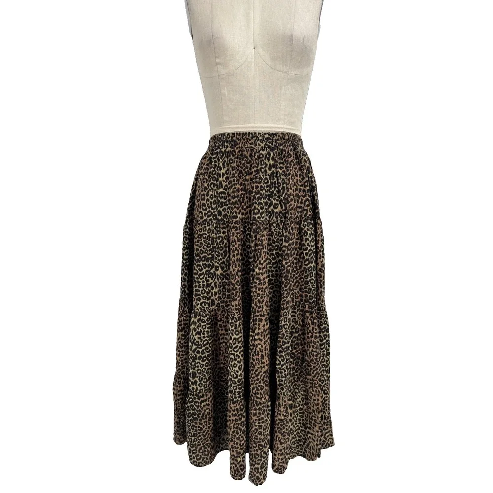 Scott Taylor Vintage Leopard Print Midi Skirt Large Elastic Pull‎ On Rayon USA